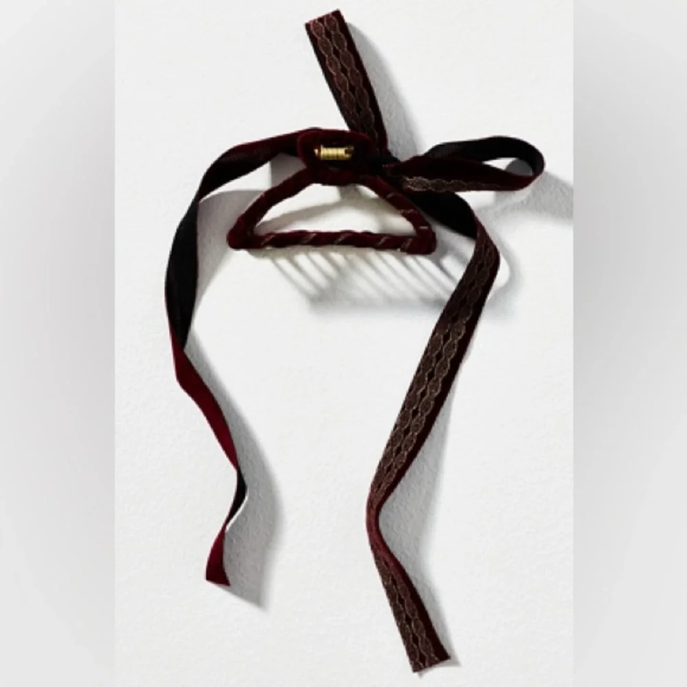Anthropologie Set of 3 Ribbon Gold Claw Hair Clips Olive + Gray + Burgundy NWT